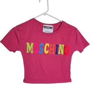 Moschino Couture Pink Crop Tee Multicolor Logo DIY Project Shirt
